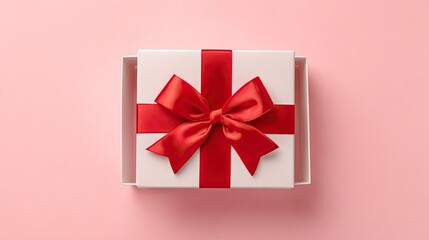 White gift box with red ribbon bow