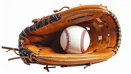 Isolated brown leather baseball glove holding red-stitched ball on white background