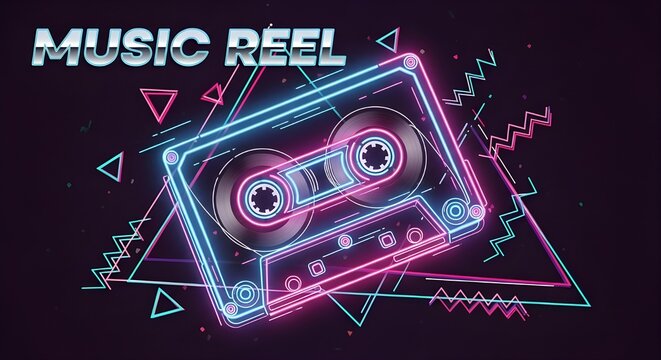 Retro cassette tape with neon glowing lines and the text "MUSIC REEL"