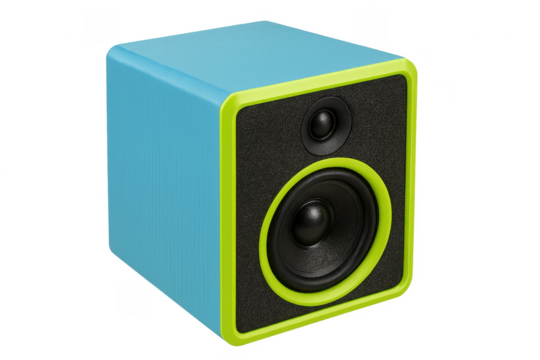 Modern light blue and green wireless speaker playing music on transparent background