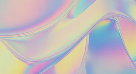 Abstract holographic background with flowing iridescent shapes and colors.
