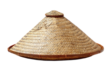 Light beige conical straw hat, round base, woven pattern