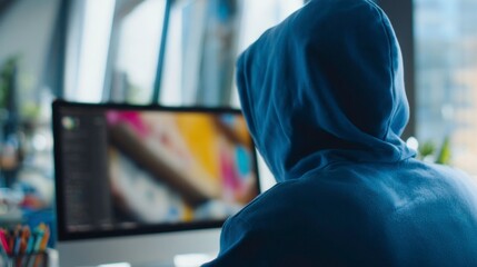 Hooded Person Using Computer in Bright Modern Office Space