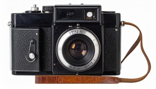 Isolated vintage rangefinder camera with metal body, textured grip, and aperture-marked lens on white background - Powered by Adobe