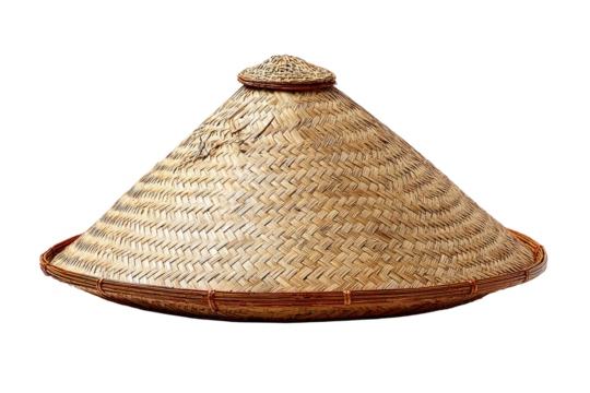 Light beige conical straw hat, round base, woven pattern