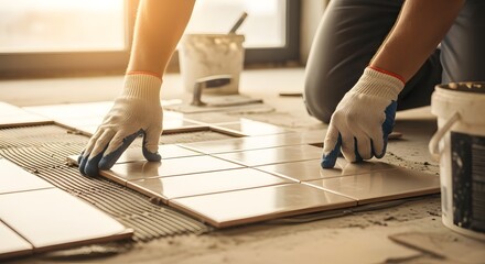 Laying tiles on floor with gloved hands and bucket of adhesive in a bright room during construction