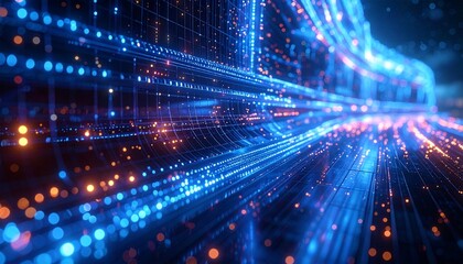 Obraz premium A macro ultra hyper realistic close-up of a futuristic building's exterior, made of glowing, interwoven fiber optic cables.