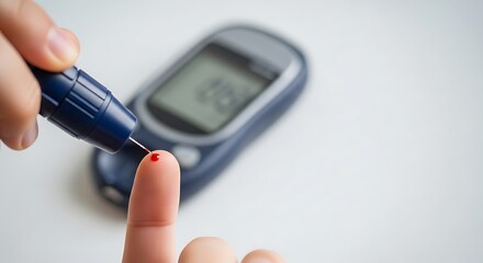 A person uses a lancet device to prick their finger to obtain a blood sample for a glucose meter test.
