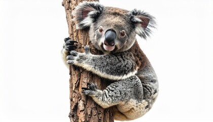Obraz premium Koala clinging to tree trunk with visible eucalyptus leaves on white background