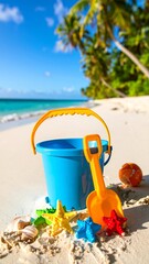 Colorful beach toys on sand