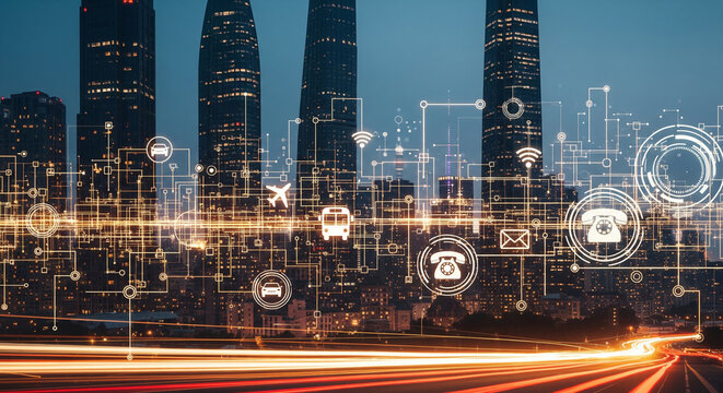A futuristic smart city at night with glowing light trails and a network of communication icons, perfect for illustrating IoT, urban data, and connectivity