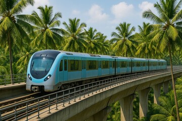 Naklejka premium Subway Train through Tropical Scenery: A modern subway train glides gracefully along an elevated track, winding through a lush landscape of towering palm trees.