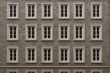 Fototapeta premium Elegant Facade: A symmetrical and refined building facade is a testament to the meticulous design, showcasing an arrangement of rectangular windows and intricate stone texture.