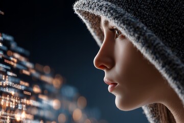 Young caucasian female hacker in hoodie analyzing cyber data with focus