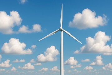 Fototapeta premium Wind Turbine against a Blue Sky: A striking image of a wind turbine, set against a bright, cloud-filled blue sky, symbolizes clean energy and a sustainable future.