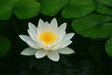 Serene Lotus in Water: A stunning close-up captures a pristine white lotus flower, its delicate petals gracefully unfurling amidst a backdrop of lush green lily pads.