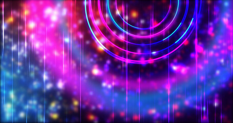 Technology circles moving with speed line in backdrop, NEON Retro Style BG. Radial futuristic development concept global network link concept. Ultraviolet stripes moving vibrant rings in space.