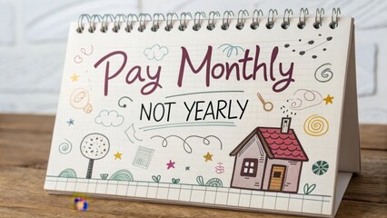 Eye-Catching Calendar Featuring the Phrase Pay Monthly Not Yearly with Whimsical Illustrations and Colorful Details