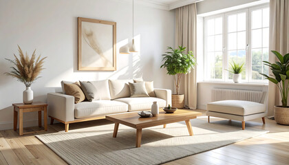 Describe the image in 6-180 characters, avoiding keyword lists. The image shows a bright, modern living room with a sofa, coffee table, plants, and natural light.
