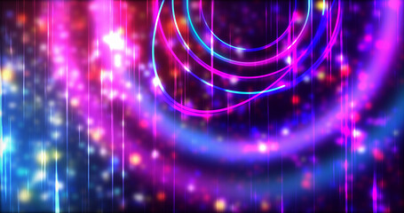 Technology circles moving with speed line in backdrop, NEON Retro Style BG. Radial futuristic development concept global network link concept. Ultraviolet stripes moving vibrant rings in space.
