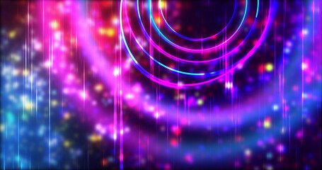 Technology circles moving with speed line in backdrop, NEON Retro Style BG. Radial futuristic development concept global network link concept. Ultraviolet stripes moving vibrant rings in space.