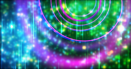 Technology circles moving with speed line in backdrop, NEON Retro Style BG. Radial futuristic development concept global network link concept. Ultraviolet stripes moving vibrant rings in space.