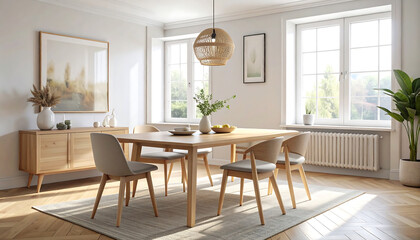 Bright and modern dining room with a wooden table, chairs, sideboard, and large windows, creating a serene and inviting interior space.