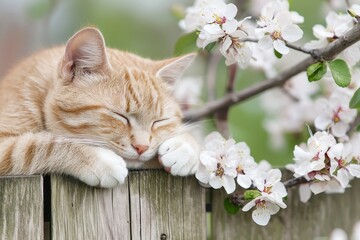 A peaceful orange cat sleeps on a wooden fence, surrounded by delicate white blossoms, capturing a serene moment in nature.