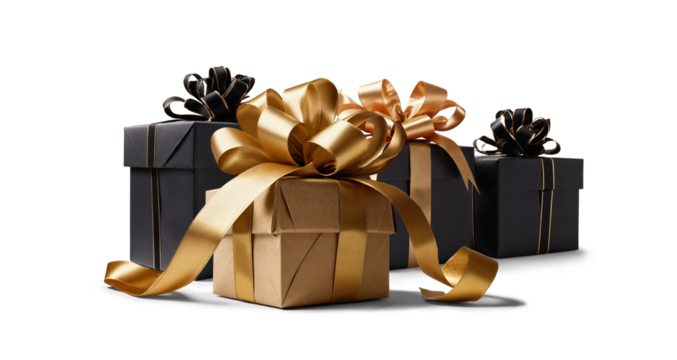 golden and black gift boxes as presents, isolated - Powered by Adobe