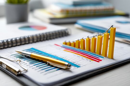 Rising business trends with bar graph and yellow pen on financial report