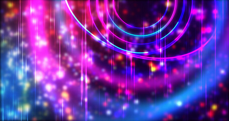 Technology circles moving with speed line in backdrop, NEON Retro Style BG. Radial futuristic development concept global network link concept. Ultraviolet stripes moving vibrant rings in space.