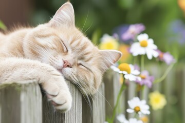 A peaceful orange cat sleeps on a wooden fence, surrounded by colorful flowers, capturing a serene moment in nature.