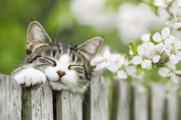 A relaxed cat rests its head on a wooden fence, surrounded by blooming white flowers, creating a serene and peaceful atmosphere.
