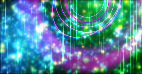 Technology circles moving with speed line in backdrop, NEON Retro Style BG. Radial futuristic development concept global network link concept. Ultraviolet stripes moving vibrant rings in space.