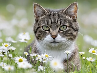 A close-up of a cat resting among white daisies, showcasing its striking green eyes and fur patterns against a vibrant, floral background.