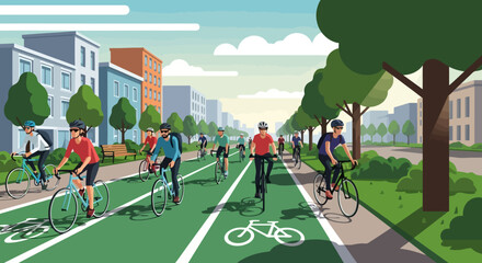 Vibrant Urban Cycling Lane with Diverse Riders Enjoying a Safe and Active Commute. Ideal for promoting sustainable transport, city planning, and healthy lifestyles.