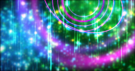 Technology circles moving with speed line in backdrop, NEON Retro Style BG. Radial futuristic development concept global network link concept. Ultraviolet stripes moving vibrant rings in space.