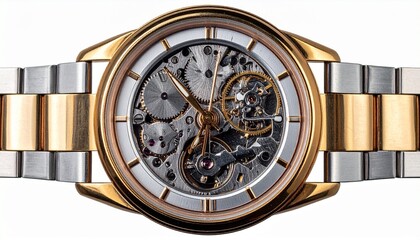 Isolated luxury mechanical wristwatch with stainless steel band and open-heart tourbillon design on white background