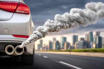 Car emissions and air pollution against urban skyline
