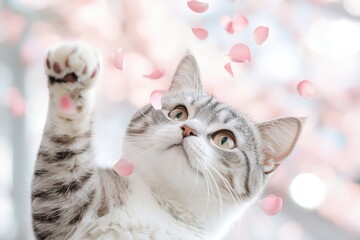 A playful cat reaches for falling pink petals, surrounded by a soft, dreamy background that enhances its curious expression.
