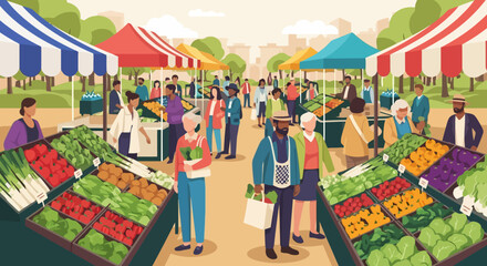 Vibrant outdoor farmers market illustration showcasing fresh produce, community gathering, and local vendors. Ideal for promoting healthy eating, local business support, and community events.