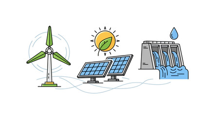 Sustainable Energy Sources Illustration Highlighting Wind, Solar, and Hydro Power for Environmental Awareness and Renewable Energy Promotion