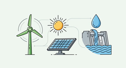 Illustrated renewable energy sources showcasing sustainable power generation for educational resources and environmental awareness campaigns to promote eco-friendly practices.