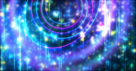Technology circles moving with speed line in backdrop, NEON Retro Style BG. Radial futuristic development concept global network link concept. Ultraviolet stripes moving vibrant rings in space.