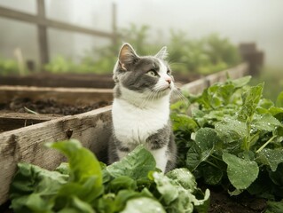 A curious cat sits among lush green plants in a foggy garden, embodying a serene, tranquil atmosphere.