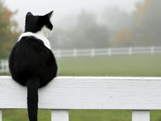 A black and white cat sits on a wooden fence, gazing into a misty landscape, evoking a sense of tranquility and curiosity.