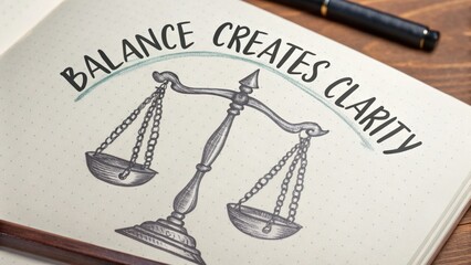 Hand-drawn scales symbolizing balance with inspiring quote about clarity in personal and professional life on a notebook page