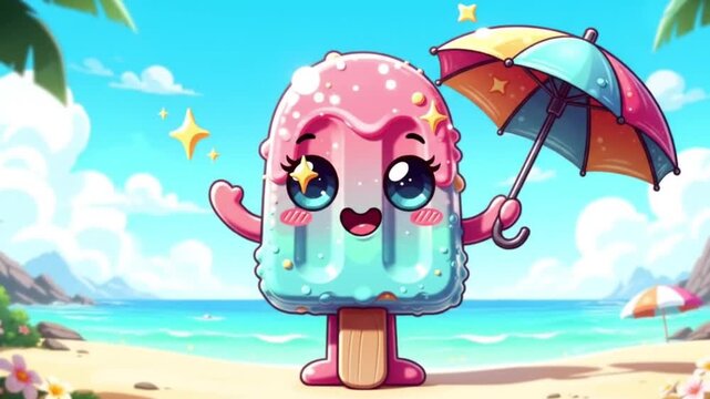 cute popsicle character holding umbrella on tropical beach