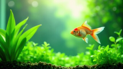 Serene Aquatic Life A Vibrant Goldfish Swims Amidst Lush Underwater Greenery in a Tranquil Aquarium Environment