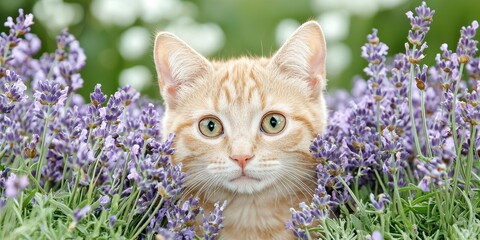 A curious cat peeks from a vibrant lavender field, showcasing its striking green eyes amidst blooming purple flowers.